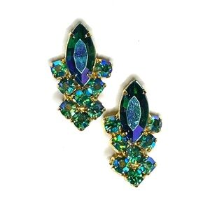 Clip Earrings Peacock Green AB Gold Vintage Vtg Estate Jewelry O30